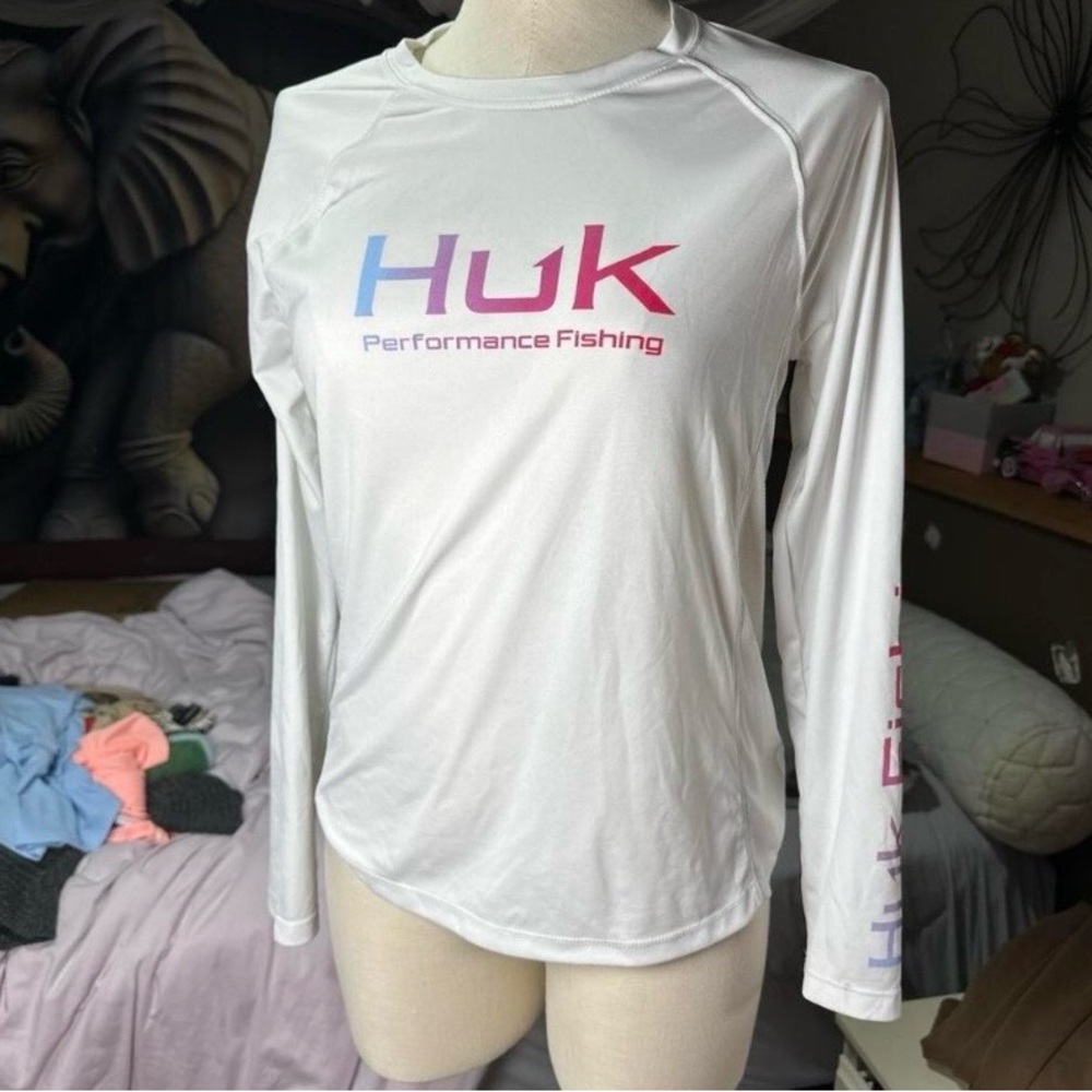 Huk Women’s White Long Sleeve with Pink-Blue Gradient Logo